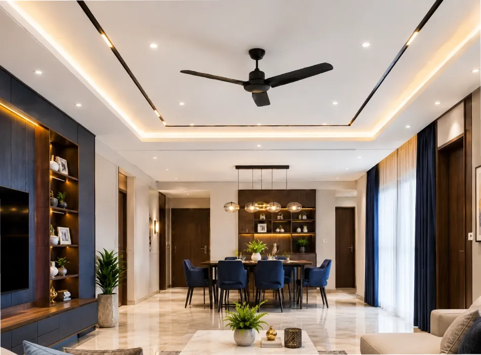 false ceiling and lighting design for 3bhk home interior design