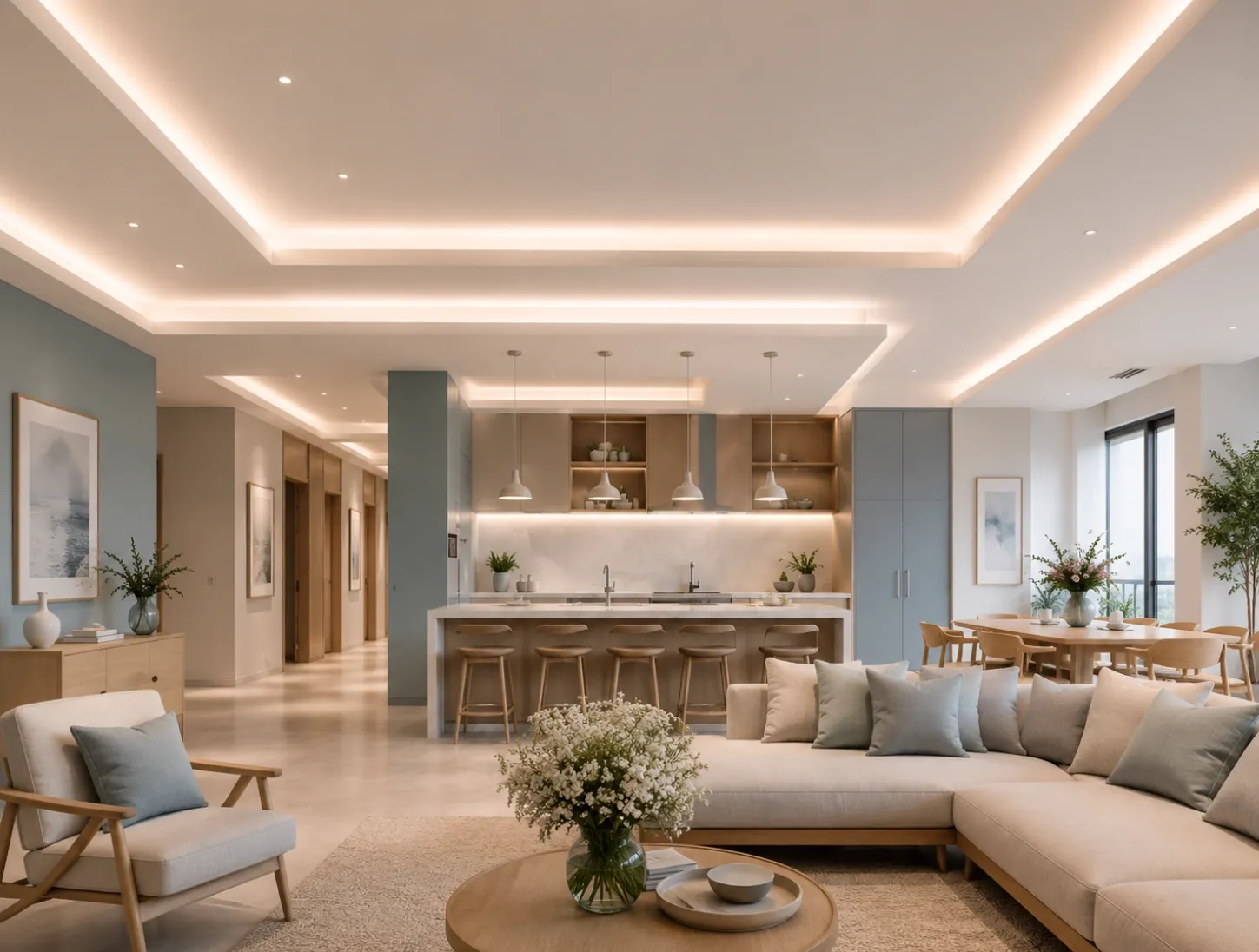 false ceiling and lighting design for 3bhk home interiors