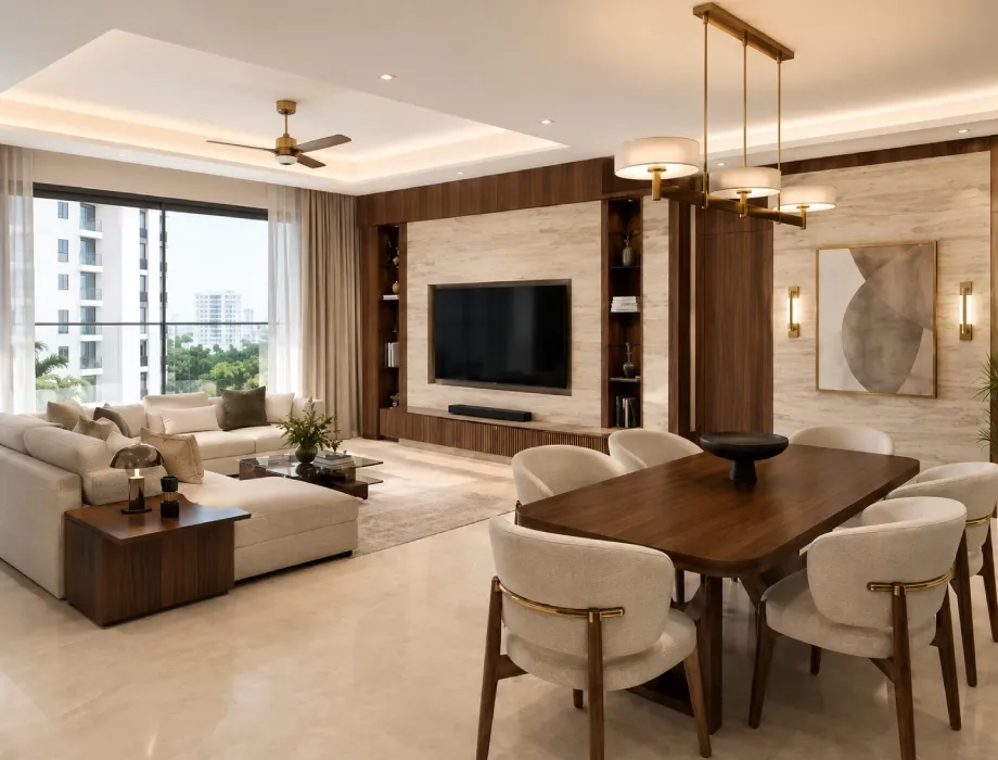 3bhk living and dining room design in noida
